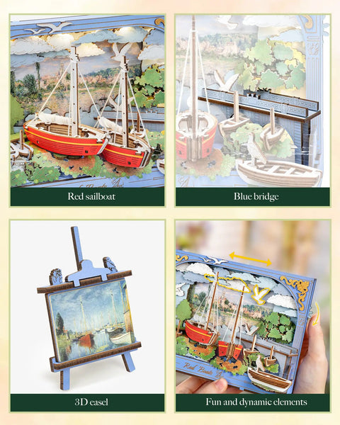 Monet Red Boats 3D Wooden Puzzle Kit For Adults With LED Light DIY Wall Art Craft Set Home Decor with red sailboat and blue bridge
