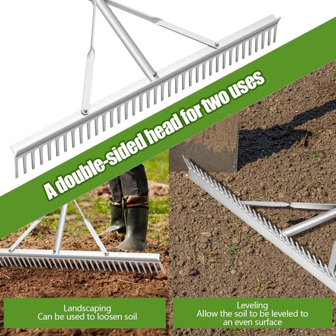 Aluminum Maintenance Rake With Adjustable 66 To 98 Inch Handle, shown in use for soil leveling and loosening, rustproof.