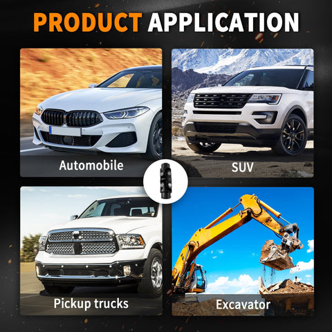 Image showing product applications for the Three Quarter 36 Spline And Three Quarter Double D Black Double U Joint Steering Universal Shaft with cars and excavator.