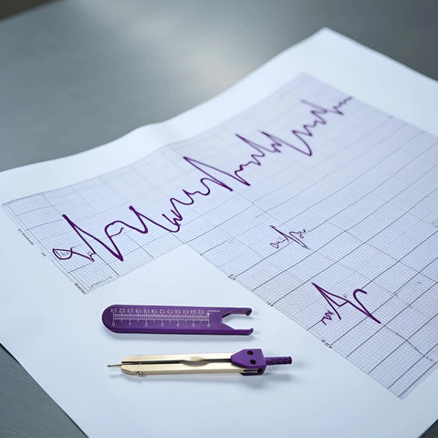 ECG Calipers Measuring Tool For Nurses And Docs, EKG Calipers And Caliper Divider For Electrocardiograms in purple on medical sheet