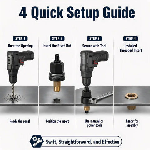 Mandrel Replacement Kit For M3 To M12 Rivet Nuts With Seven Mandrels And Seventy Press-In Nuts, Ideal For Thin-Walled Sheet Metal, Aluminum Tubing, And Plastic Fastening, Delivers Precise Permanent Threads four-step setup guide
