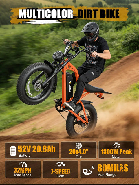 Rider on an orange electric dirt bike for adults 1300W peak power 52 volt 21Ah battery up to 32 MPH on 20x4 fat tires with 7 speeds