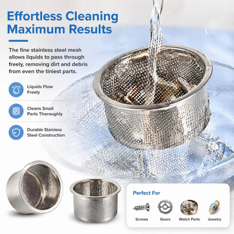 Top Grade Stainless Steel Mesh Watch Parts Cleaner Basket For Ultrasonic Jewelry Care pouring water, cleaning small parts effortlessly.