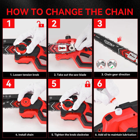 Step-by-step guide for changing the chain on Heavy Duty 4 In 1 Cordless Pole Saw And 8 Inch Electric Chainsaw.