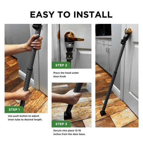 Adjustable Sliding Door Security Bar And Alarm Jammer 2-In-1 Door Knob And Patio Stopper Extends From 25 To 41 Inches Portable Home And Travel Security For Front Patio Sliding Doors And Hotel Rooms, easy installation steps shown.