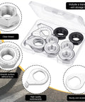 12 Piece Bike Axle Nut And Safety Washer Kit in three sizes with steel flange nuts in a transparent box with labeled features.