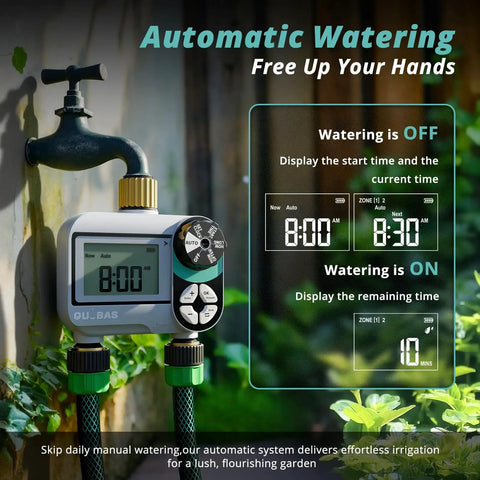Brass Sprinkler Timer With Waterproof LCD Screen, Programmable Hose Watering System, 2 Zone, Leak Proof Faucet Controller.