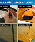 All In One Tent Repair Kit For Camping With Zipper Slider Replacement, Pole Splints, Shock Cord, Screen Patches, Duct Tape And Carabiners