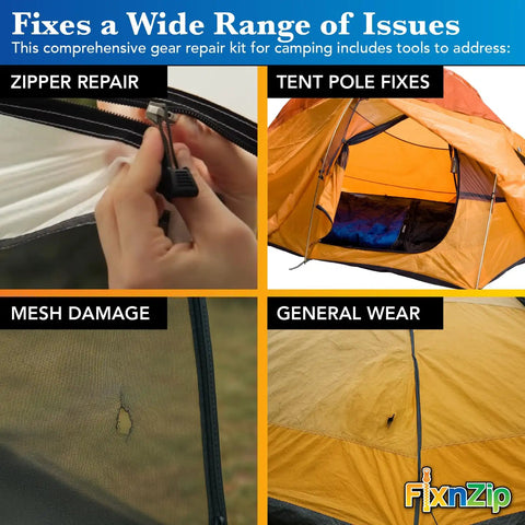 All In One Tent Repair Kit For Camping With Zipper Slider Replacement, Pole Splints, Shock Cord, Screen Patches, Duct Tape And Carabiners