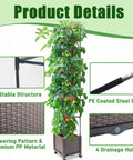 Raised Garden Bed Planter Box With Trellis 62.2 Inch Self Watering Tomato Planter showing structure, steel pipe, drainage hole.