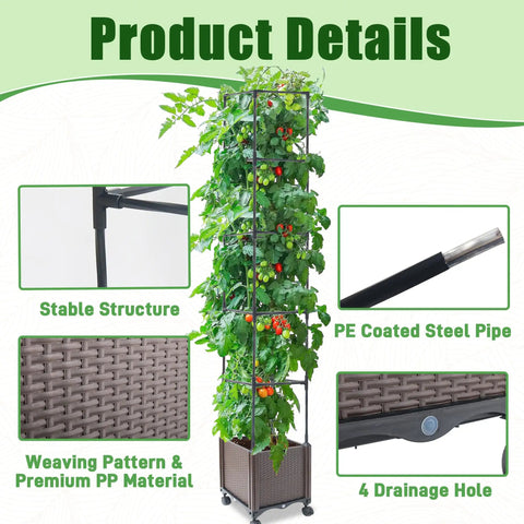 Raised Garden Bed Planter Box With Trellis 62.2 Inch Self Watering Tomato Planter showing structure, steel pipe, drainage hole.