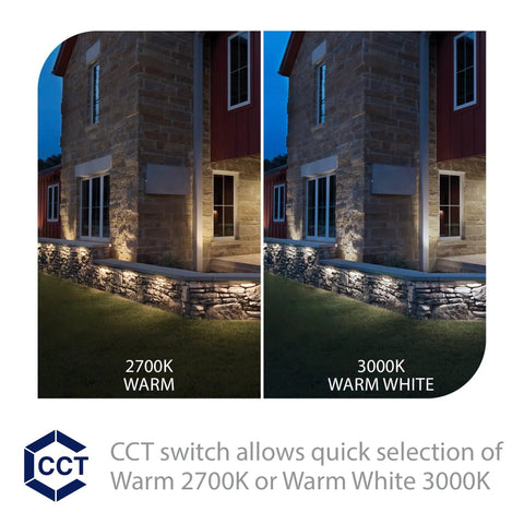 Landscape Lighting Hardscape 12 Inch LED Strip Light For 12V Systems With Quick Release Two Color Temperature 2700K To 3000K Brass Bronze Finish Easy Mounting To Steps Decks Handrails And Fences illuminating house facade at 2700K and 3000K