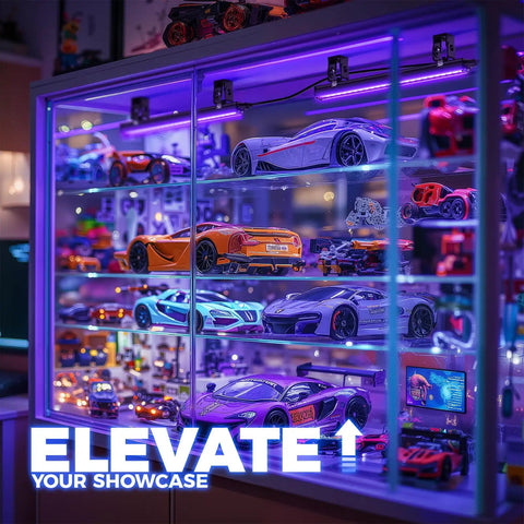 Blacklight Strip Lights 10W 1ft USB Black Light Bar illuminating toy car display case with vibrant glow effect