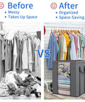 Before messy clothes vs after organized with Massive 120L Blanket Storage Bags With Reinforced Handles Breathable 100 GSM Fabric