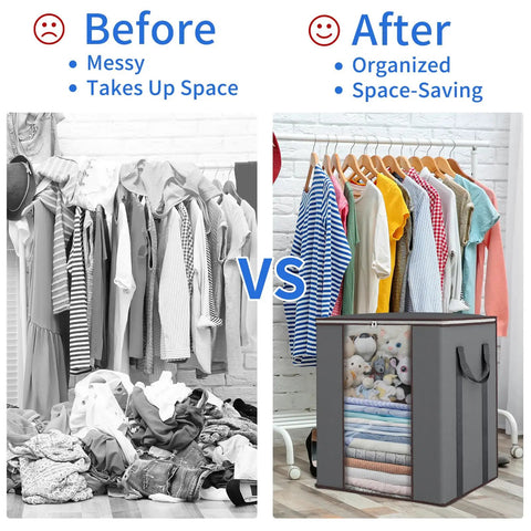 Before messy clothes vs after organized with Massive 120L Blanket Storage Bags With Reinforced Handles Breathable 100 GSM Fabric
