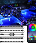 Lit Interior Car Lights With App Control And RGB LED Colors, Music Mode And DIY Mode, shown in car with app interface