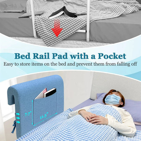 Blue thickened two pack bed rail pads for hospital beds, cushioned foam bumpers, bedside guard cushions with pocket for seniors