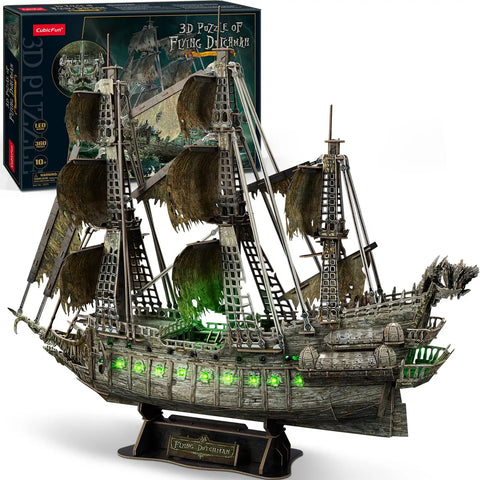 LED Flying Dutchman 3D Puzzle for Adults 360 Piece Ship Model Desk Decor with glowing green lights and rustic sails