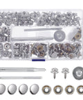 Real Deal Canvas Tarp Snap Kit Featuring Rust Resistant Marine Fasteners With 10 MM And 15 MM Screw Snap Buttons And Quick Setting Tool for repairs.