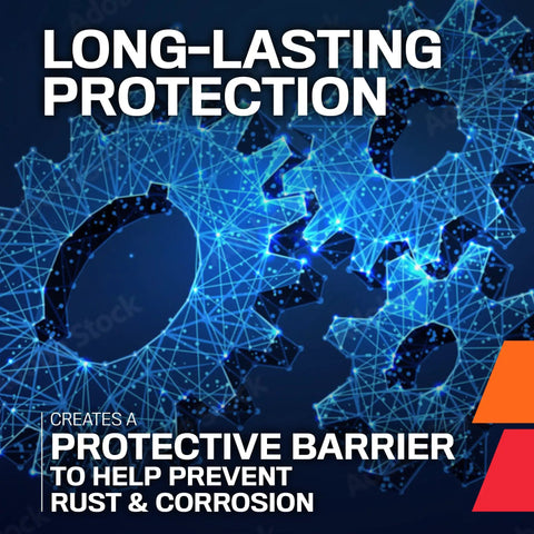 Graphic of interlocking gears highlighting rust protection and corrosion prevention with text 'Long-Lasting Protection'.