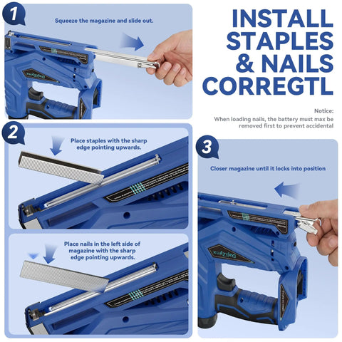Step-by-step guide on loading nails and staples into the 2 In 1 Cordless Brad Nailer And Staple Gun With Brushless Motor For DIY And Upholstery Work Includes 1000 Nails And T50 J10 Staples Supports Single Or Contact Firing Modes And No Sweat Operation.