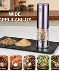Rechargeable Electric Salt And Pepper Grinder Set With No Fuss One Hand Operation next to spices on a kitchen counter