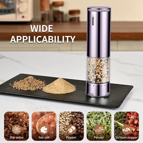 Rechargeable Electric Salt And Pepper Grinder Set With No Fuss One Hand Operation next to spices on a kitchen counter