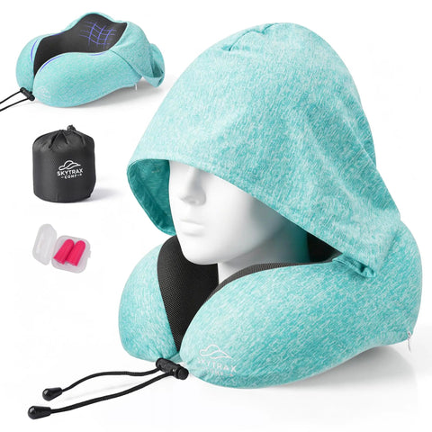 Travel Neck Pillow With Oversized Privacy Hood For Long Flights And Quick Naps On The Go Adjustable Chin And Neck Support With Drawstring And Buckle For Planes Trains Cars And Office Breaks teal memory foam hooded pillow