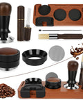 Premium Eight Piece Espresso Accessories Kit With 58Mm Tamper And Pro Distributor For Breville Gaggia Machines Making Legit Shots All Day Fly Barista Gear That Truly Slaps, featuring stainless and aluminum tools, including tamper, distributor, and brush.