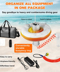 Tankless Underwater Breathing System D2 with 50ft tube for snorkeling shown with accessories on a sandy beach