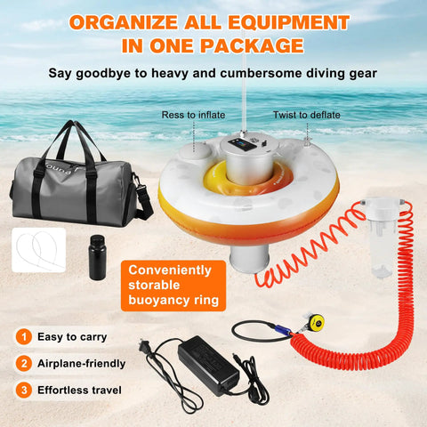 Tankless Underwater Breathing System D2 with 50ft tube for snorkeling shown with accessories on a sandy beach