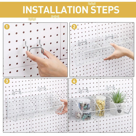 Installation steps for Two Pack 3-Grid Metal Pegboard Baskets With Four Hooks Wall Mount Garage Organizer