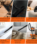 Heavy Duty Wet Dry Vacuum 10 Gallon With 8 Peak HP Monster Suction Power For Home Garage Workshop Car Jobsite Patio Laundry Rooms Large Capacity 360 Degree Swivel Wheels With Attachments showing various nozzles and uses
