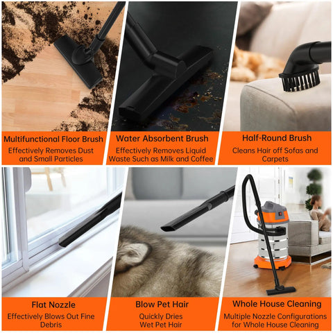 Heavy Duty Wet Dry Vacuum 10 Gallon With 8 Peak HP Monster Suction Power For Home Garage Workshop Car Jobsite Patio Laundry Rooms Large Capacity 360 Degree Swivel Wheels With Attachments showing various nozzles and uses
