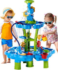 Kids playing with 3 In 1 Flower Shape Water Table With Pump For Toddlers And Kids Ages 3 To 8 Outdoor Summer Splash Play Two Tier