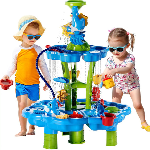 Kids playing with 3 In 1 Flower Shape Water Table With Pump For Toddlers And Kids Ages 3 To 8 Outdoor Summer Splash Play Two Tier