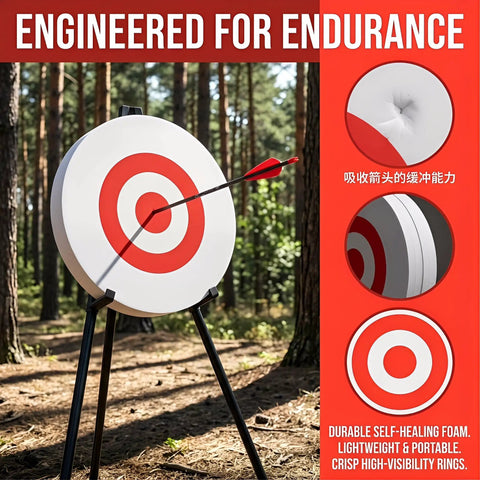 Archery Target For Bow And Arrows Portable Lightweight Practice Target With High Visibility White Circles shown outdoors on stand