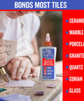 Person using Multi Surface Strong Glue That Dries Fast For Ceramics and Crafts, heavy duty adhesive bottle on table