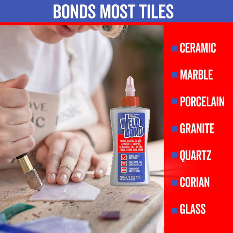 Person using Heavy Duty All Purpose Glue That Dries Fast And Binds Wood Tile Ceramic Glass Metal Pottery And More for tile craft project