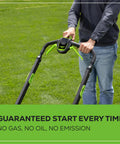 Person pushing 40V 20 Inch Brushless Cordless Lawn Mower With 4Ah Battery And Charger, close-up of handle and control panel.