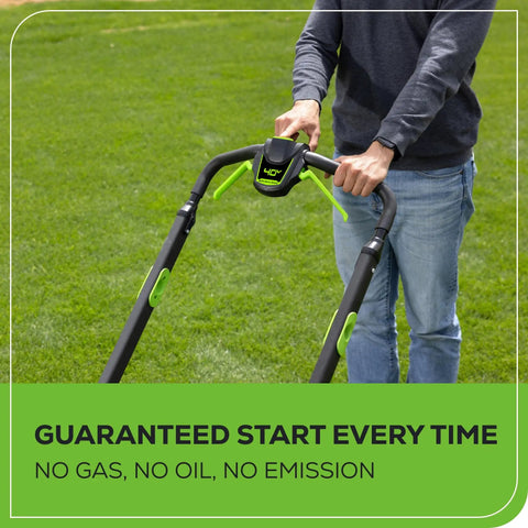 Person pushing 40V 20 Inch Brushless Cordless Lawn Mower With 4Ah Battery And Charger, close-up of handle and control panel.