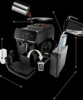 Crisp Roast Fully Automatic Espresso Maker With Killer LatteGo Milk Frothing, showing features like water reservoir and coffee grounds disposal.