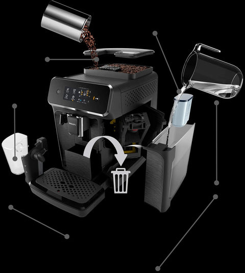 Crisp Roast Fully Automatic Espresso Maker With Killer LatteGo Milk Frothing, showing features like water reservoir and coffee grounds disposal.