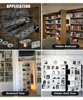 Various applications of Secret Door Hinge Kit with 360 Degree Pivot for Hidden Doors, including bookcase and bookshelf doors