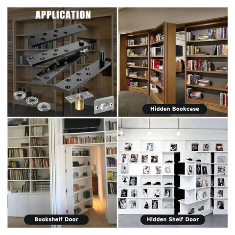 Various applications of Secret Door Hinge Kit with 360 Degree Pivot for Hidden Doors, including bookcase and bookshelf doors