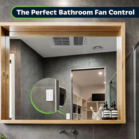 Bathroom with PIR Motion Sensor Light Switch With Smart Auto On Off, Occupancy And Vacancy Detection, installed on gray tile wall.