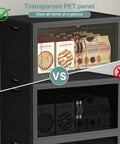 Comparison of Heavy Duty Lockable Plastic Storage Bins 8 Pack Collapsible Stackable Organizers with transparent PET panel.