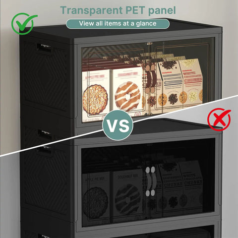Comparison of Heavy Duty Lockable Plastic Storage Bins 8 Pack Collapsible Stackable Organizers with transparent PET panel.