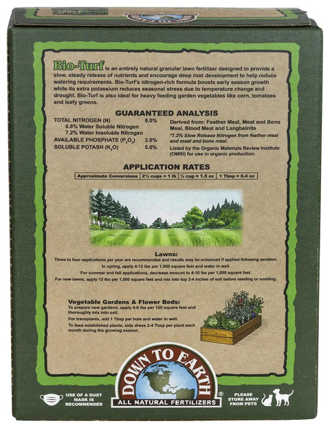 Back view of Bio Turf All Natural Lawn Fertilizer For Grass And Ornamentals, 8-3-5 NPK Granular Formula, OMRI Listed Organic Lawn Food box