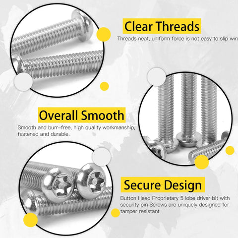 Close-up of Top Shelf M6 Button Head Torx Security Screws Crafted From Badass Stainless Steel featuring clear threads and tamper-proof design.